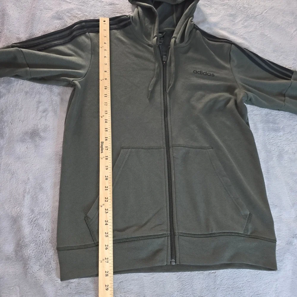 Adidas Mens Full Zip Hoodie Olive Green Three Stripe Athletic Sweatshirt Medium
